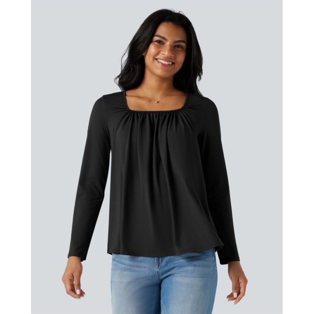 5/25 Halara Square Neck Long Sleeve Casual Shirt Size XS Black Stretchy NWT